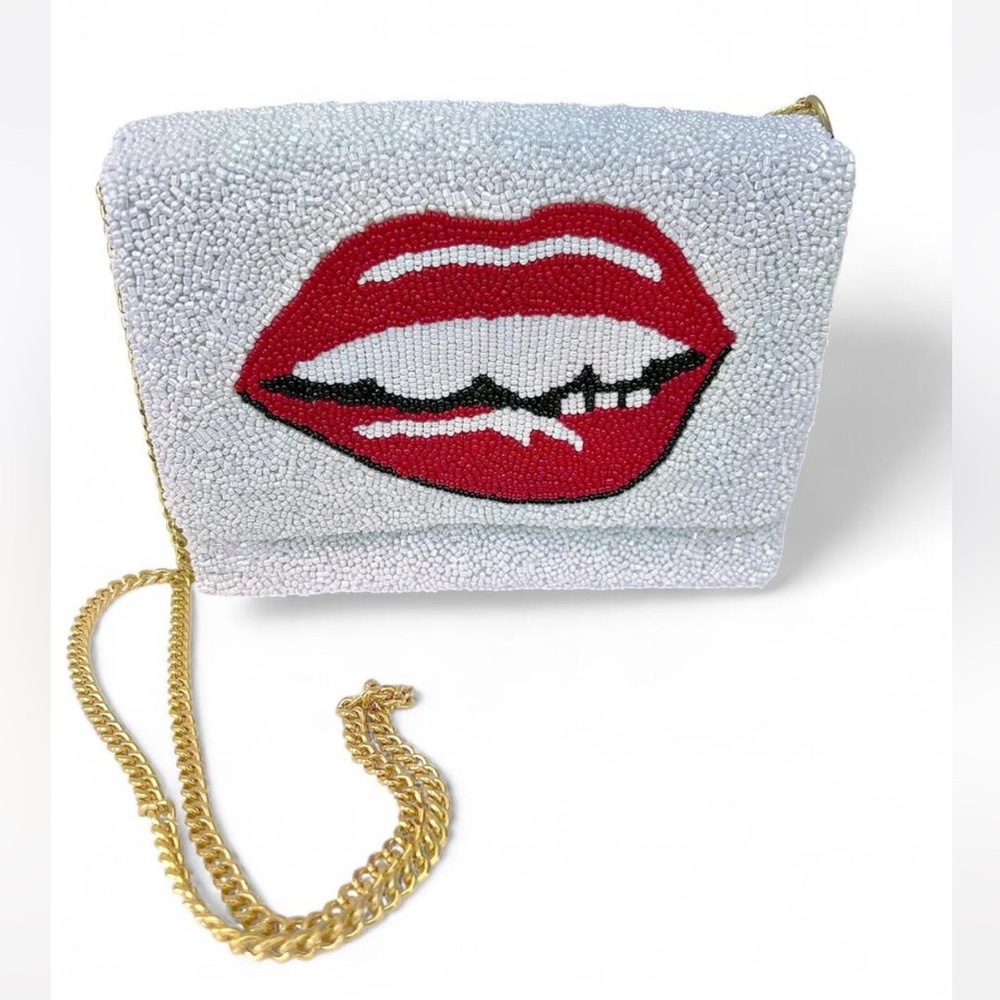 Tiana NY Hand-Beaded Lips Crossbody Clutch Bag Silver Gold